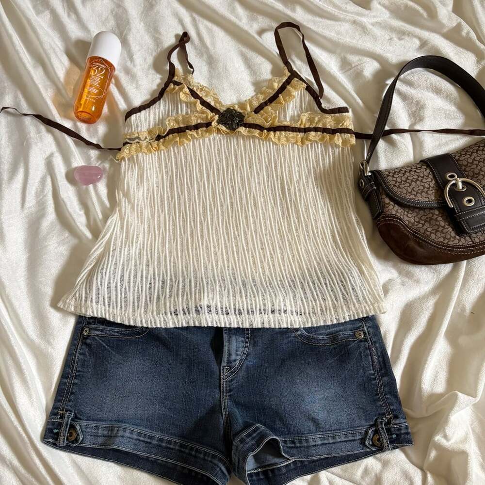 Women Y2K Ruched Cami Shirt Spaghetti Strap Lace Trim Babydoll Top